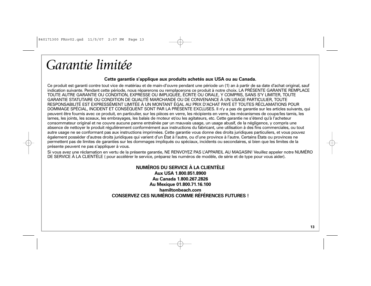 Garantie limitée | Hamilton Beach Opening Station User Manual | Page 13 / 20