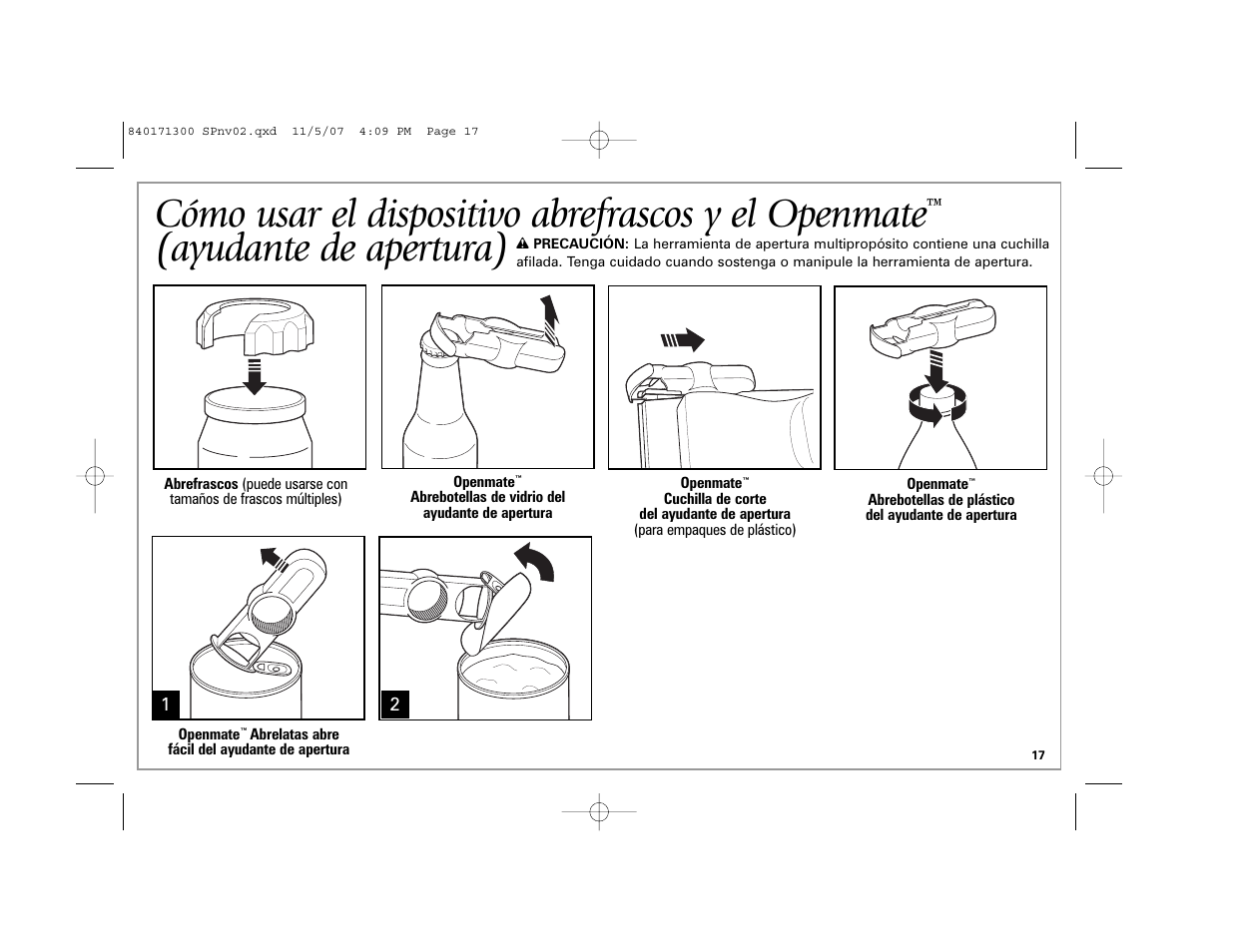 Cómo usar el dispositivo abrefrascos y el openmate, Ayudante de apertura) | Hamilton Beach Opening Station User Manual | Page 17 / 20