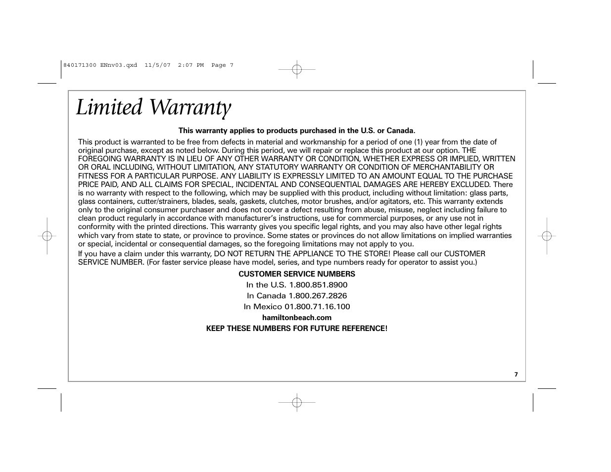 Limited warranty | Hamilton Beach Opening Station User Manual | Page 7 / 20