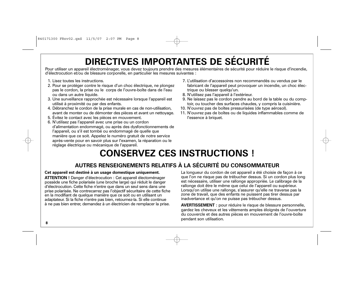 Directives importantes de sécurité, Conservez ces instructions | Hamilton Beach Opening Station User Manual | Page 8 / 20