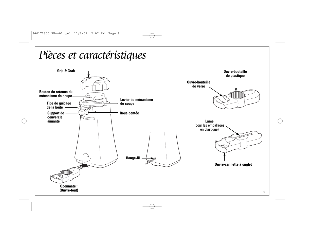 Pièces et caractéristiques | Hamilton Beach Opening Station User Manual | Page 9 / 20