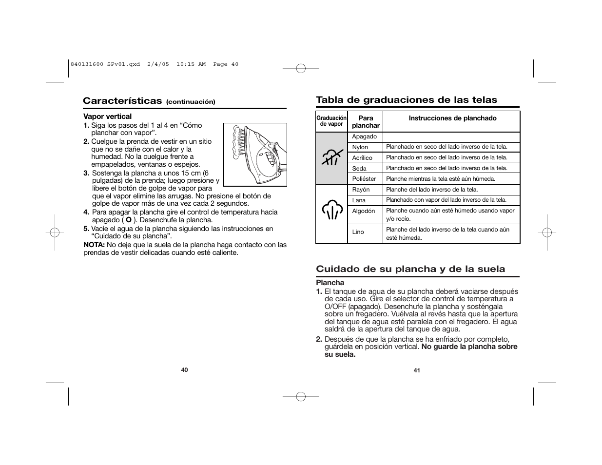 Cuidado de su plancha y de la suela, Tabla de graduaciones de las telas, Características | Hamilton Beach 840131600 User Manual | Page 21 / 25