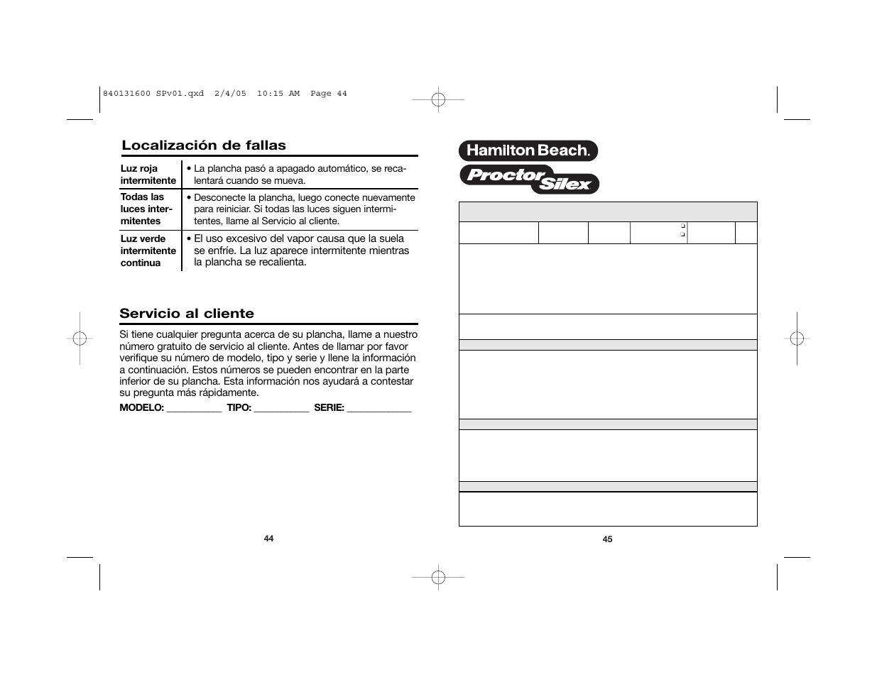 Servicio al cliente, Localización de fallas, Póliza de garantía | Hamilton Beach 840131600 User Manual | Page 23 / 25