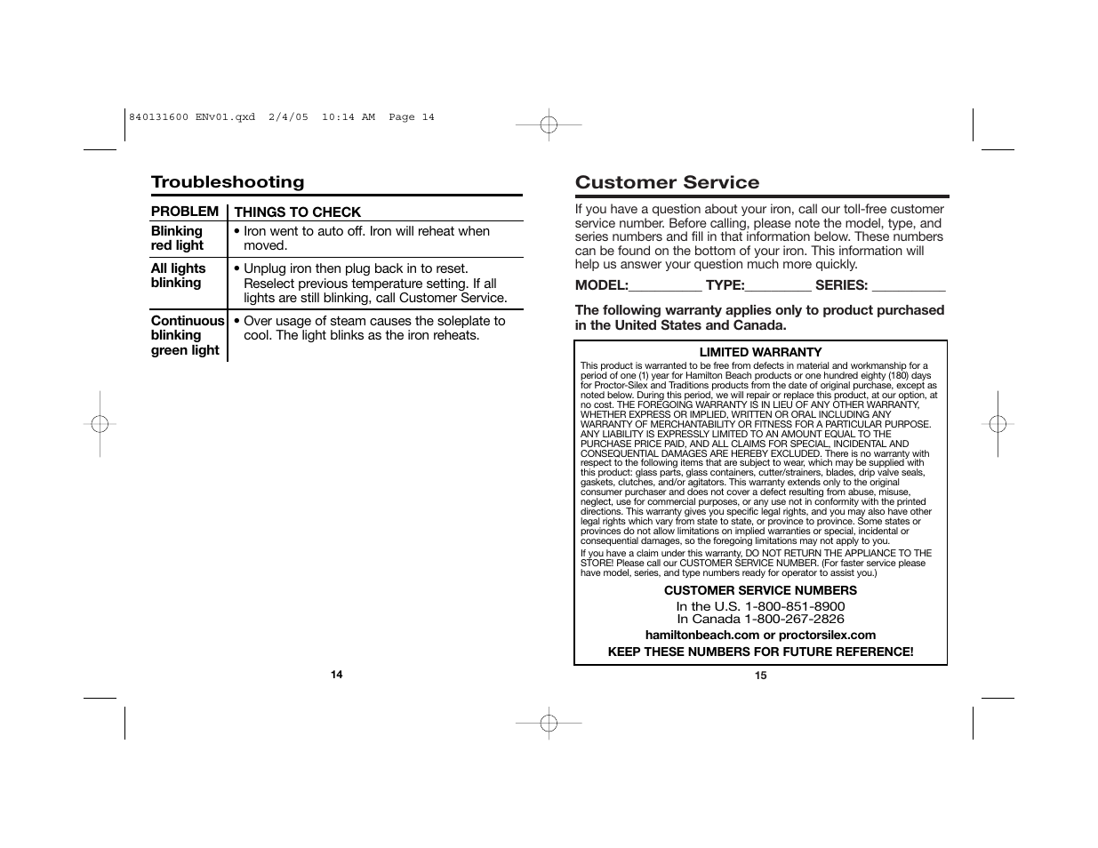Customer service | Hamilton Beach 840131600 User Manual | Page 8 / 25