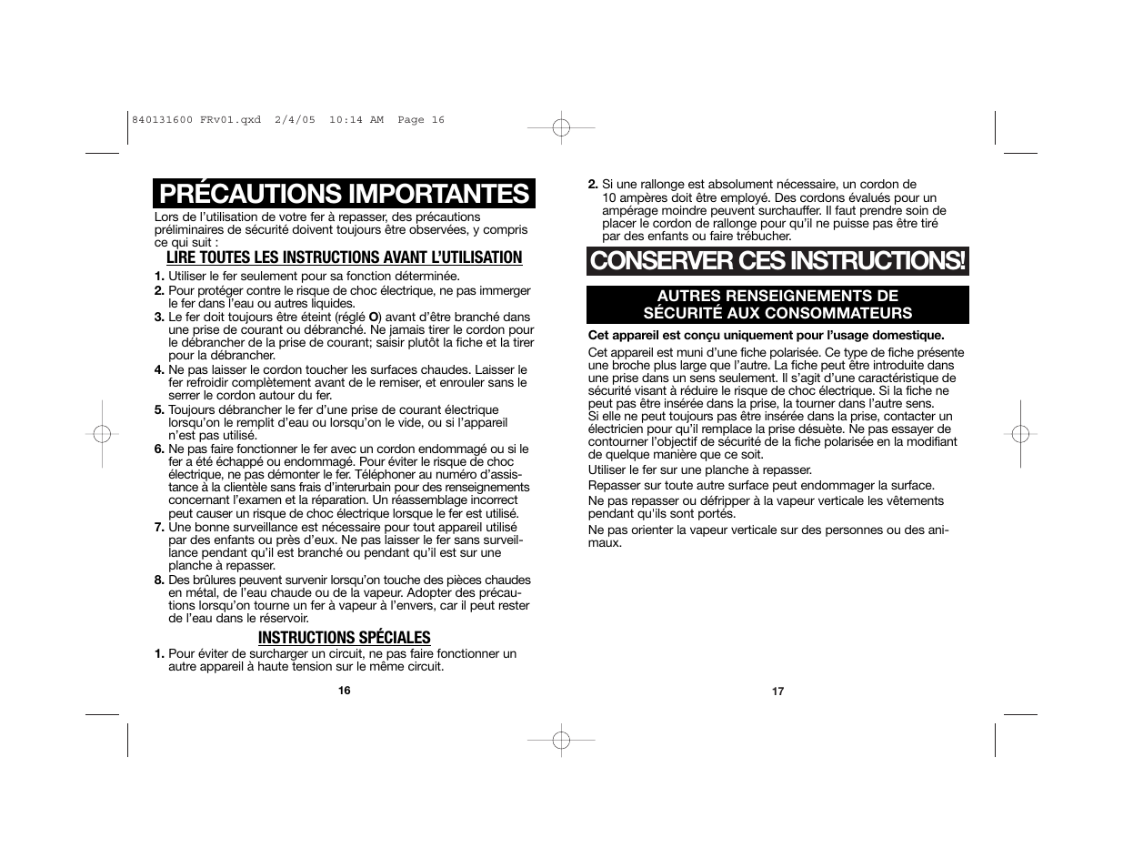 Précautions importantes, Conserver ces instructions | Hamilton Beach 840131600 User Manual | Page 9 / 25
