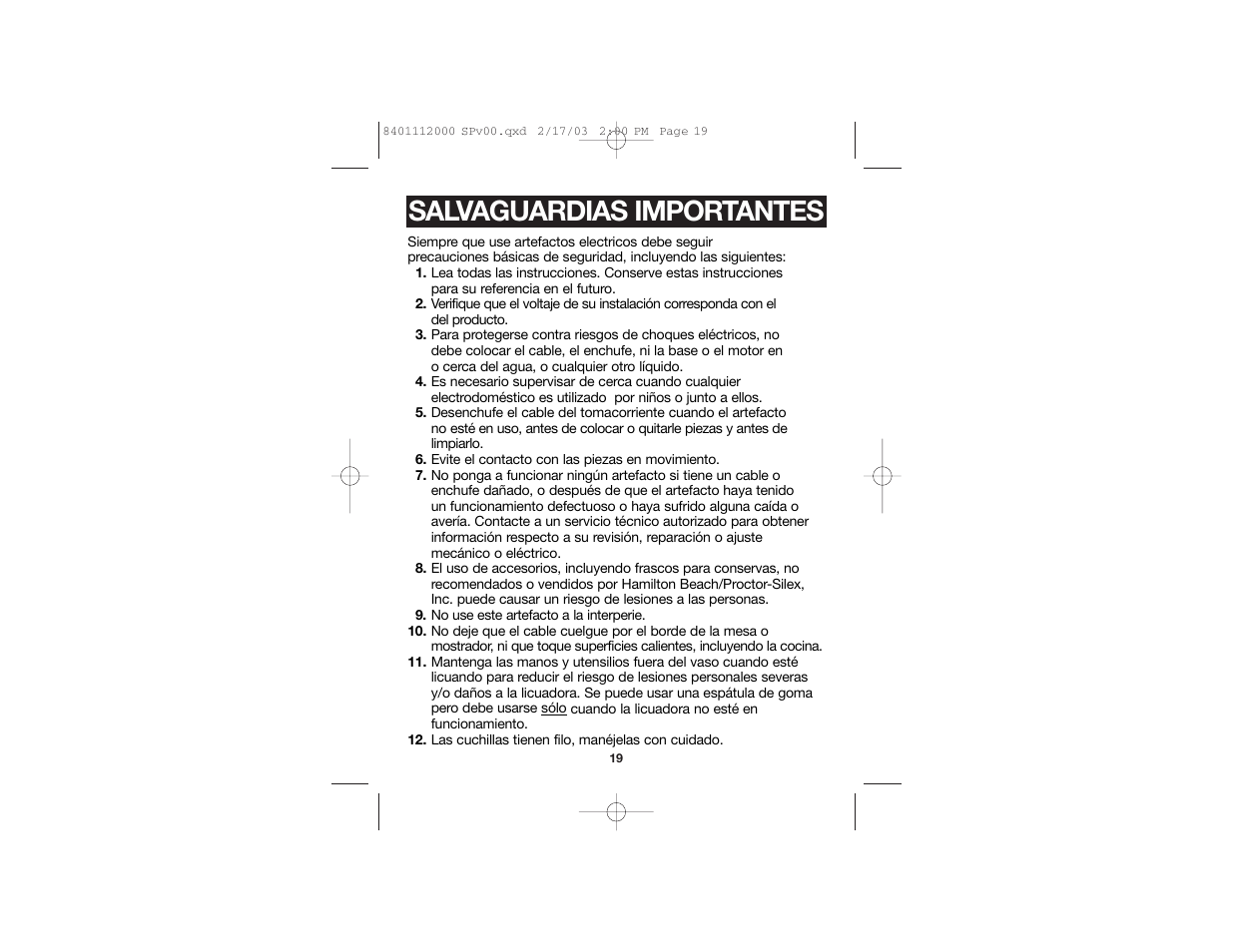 Salvaguardias importantes | Hamilton Beach 840111200 User Manual | Page 11 / 16