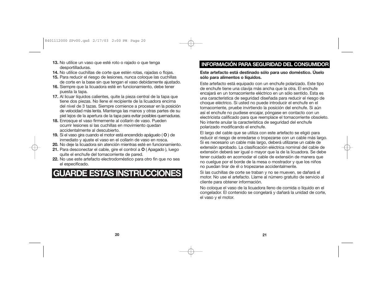 Guarde estas instrucciones | Hamilton Beach 840111200 User Manual | Page 12 / 16