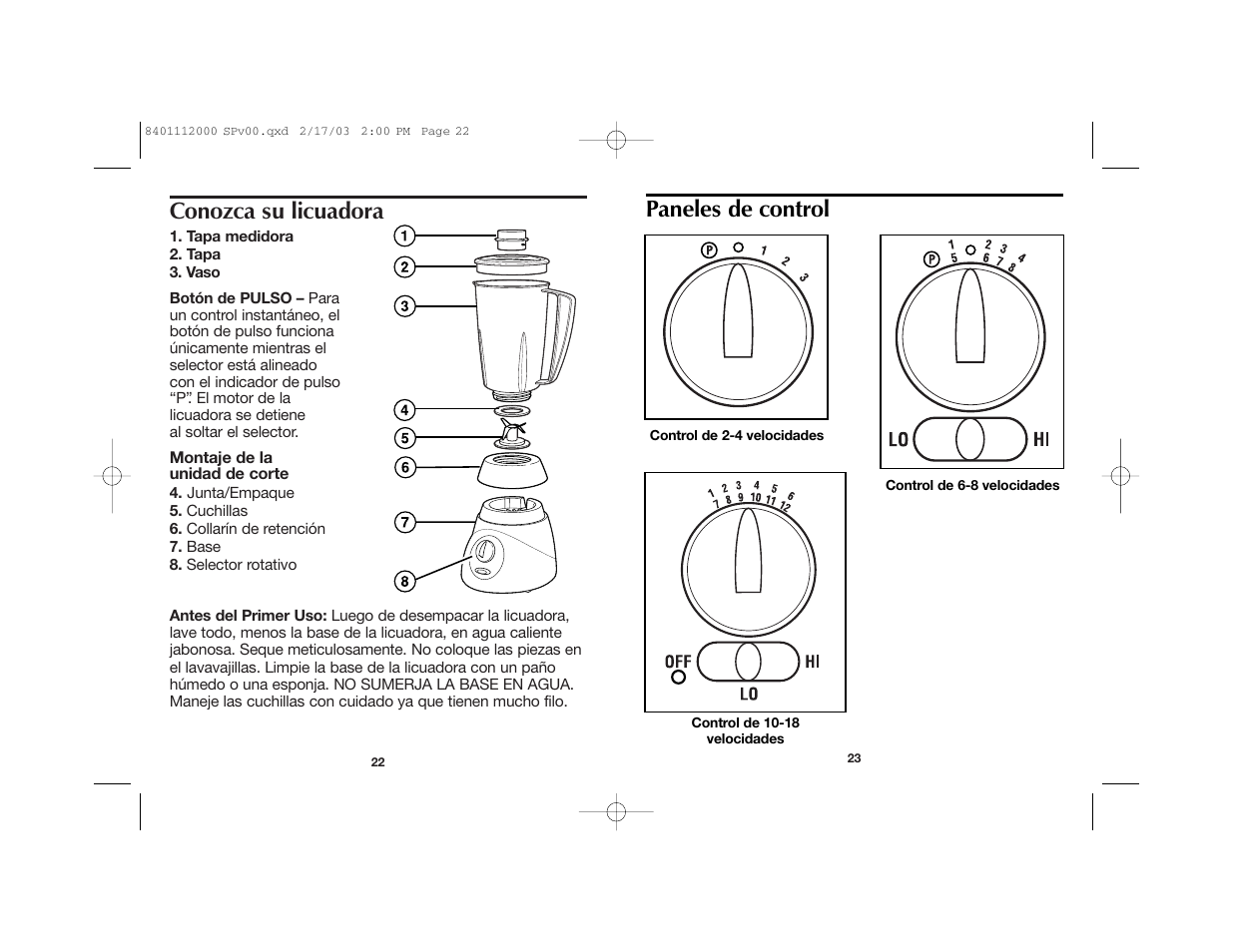 Conozca su licuadora, Paneles de control | Hamilton Beach 840111200 User Manual | Page 13 / 16