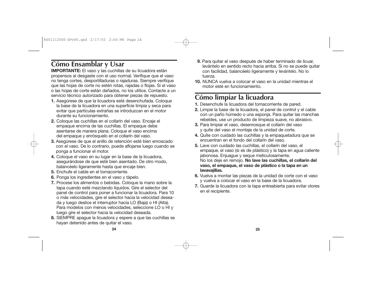 Cómo limpiar la licuadora, Cómo ensamblar y usar | Hamilton Beach 840111200 User Manual | Page 14 / 16