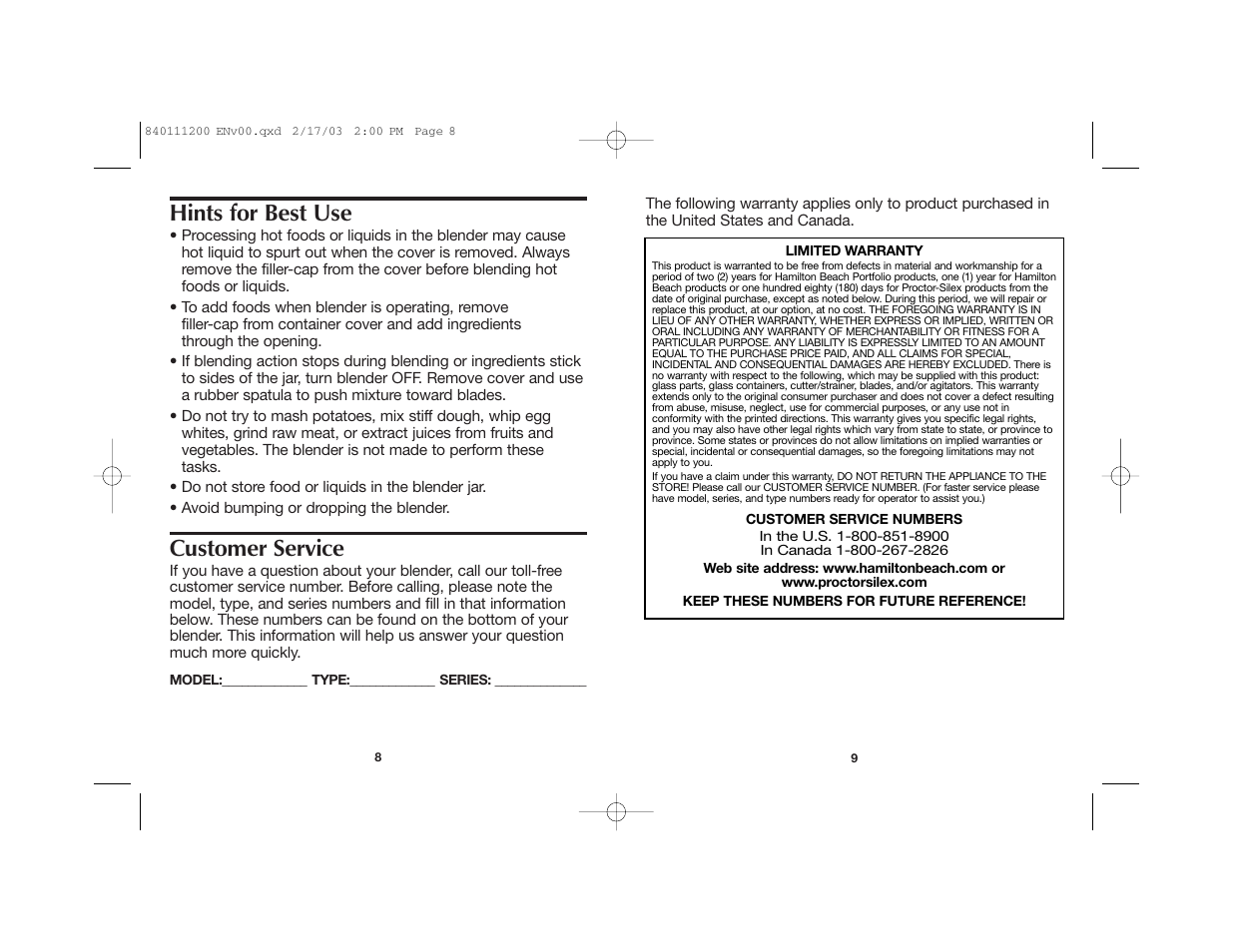 Hints for best use, Customer service | Hamilton Beach 840111200 User Manual | Page 5 / 16