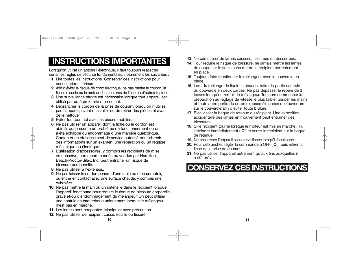 Conservez ces instructions, Instructions importantes | Hamilton Beach 840111200 User Manual | Page 6 / 16