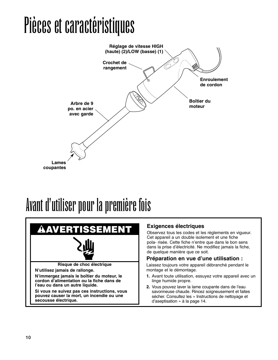 Pièces et caractéristiques, Avant d’utiliser pour la première fois, Wavertissement | Hamilton Beach Immersion Mixer User Manual | Page 10 / 24