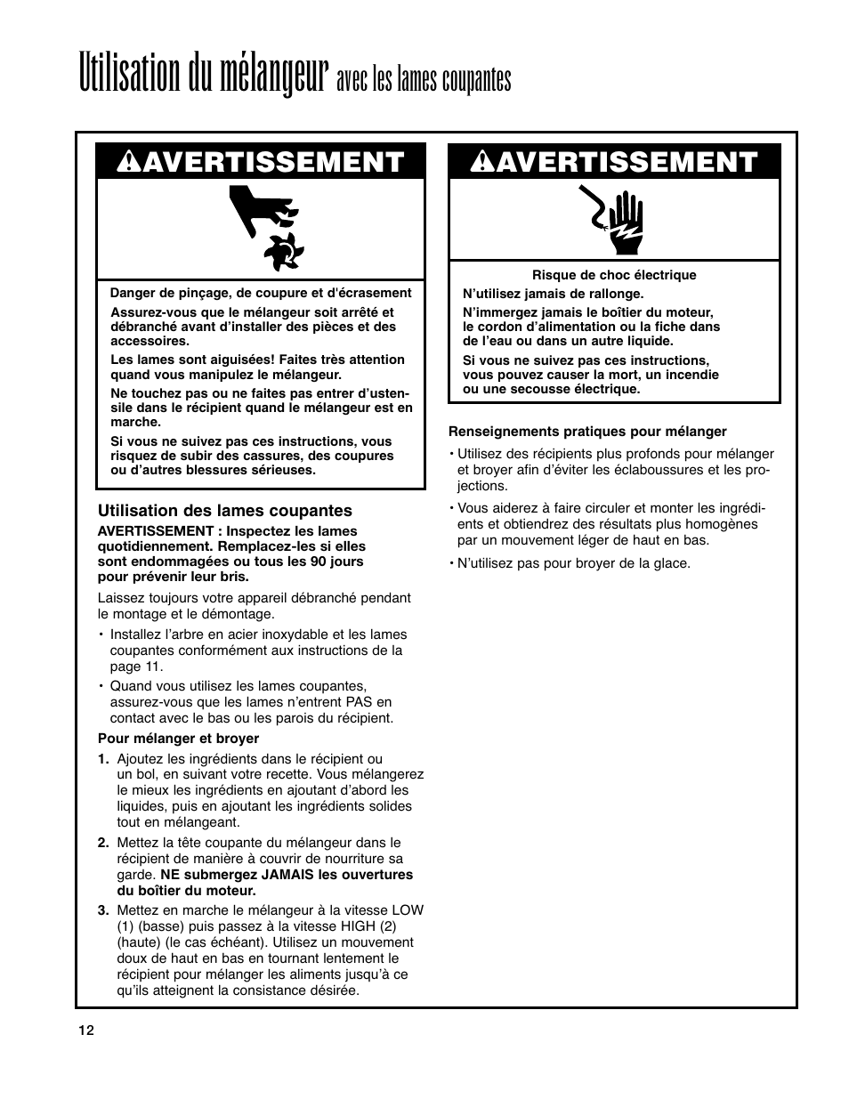 Utilisation du mélangeur, Avec les lames coupantes, Wavertissement | Hamilton Beach Immersion Mixer User Manual | Page 12 / 24