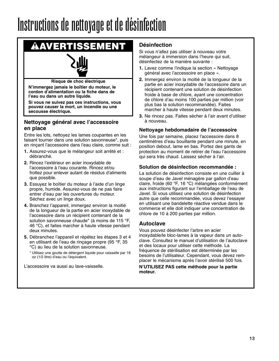 Instructions de nettoyage et de désinfection, Wavertissement | Hamilton Beach Immersion Mixer User Manual | Page 13 / 24