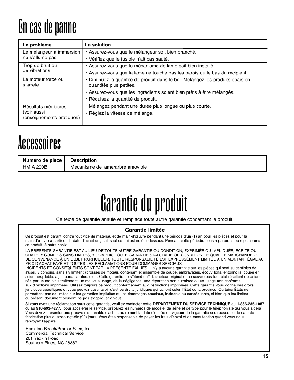 Garantie du produit, En cas de panne, Accessoires | Hamilton Beach Immersion Mixer User Manual | Page 15 / 24