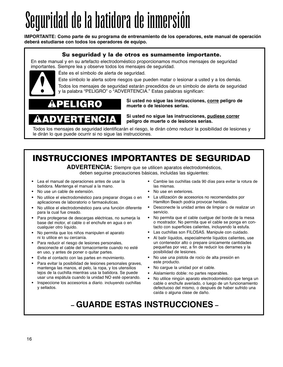Seguridad de la batidora de inmersión, Wpeligro w advertencia, Instrucciones importantes de seguridad | Guarde estas instrucciones | Hamilton Beach Immersion Mixer User Manual | Page 16 / 24