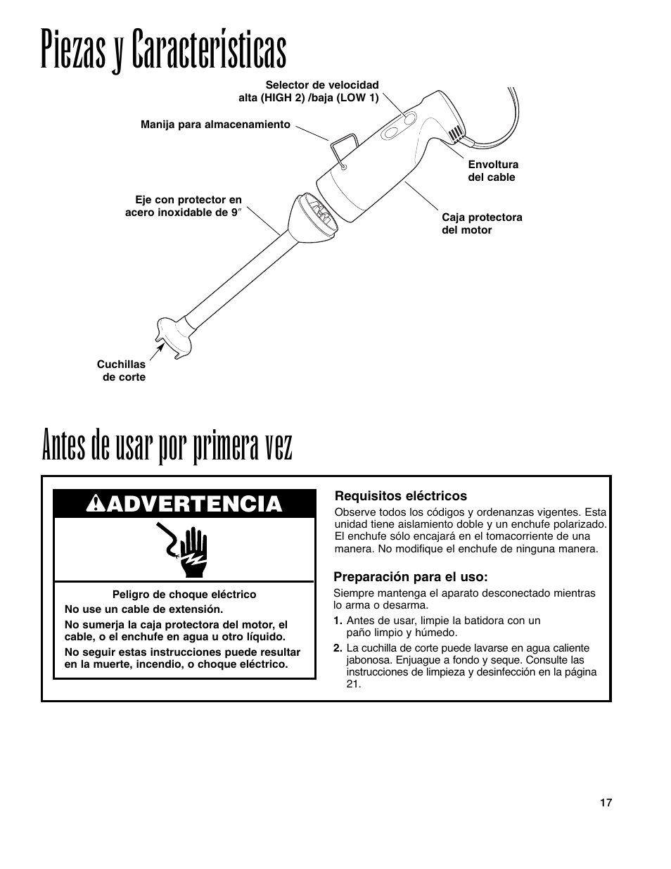 Piezas y características, Antes de usar por primera vez, Wadvertencia | Hamilton Beach Immersion Mixer User Manual | Page 17 / 24