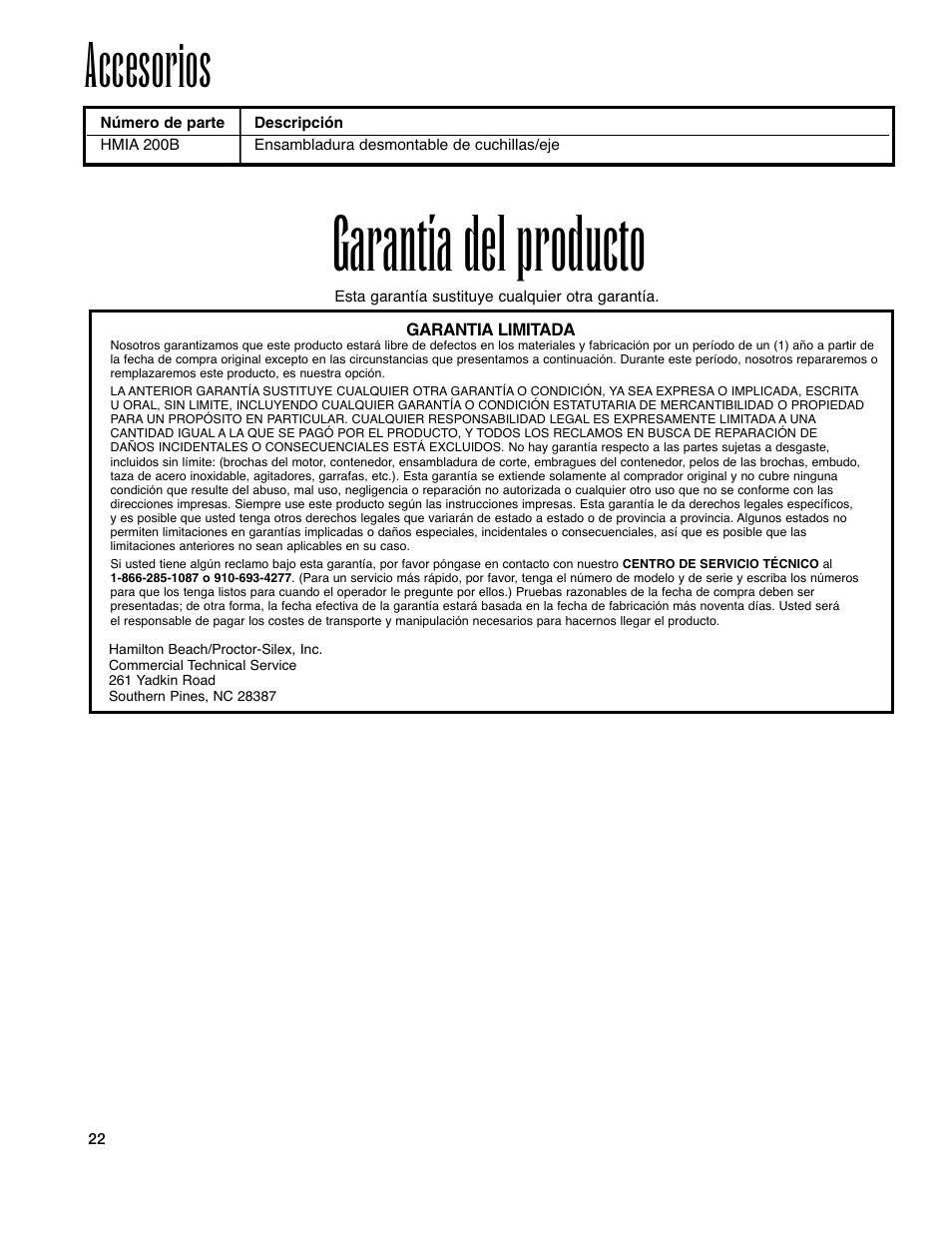 Garantía del producto, Accesorios | Hamilton Beach Immersion Mixer User Manual | Page 22 / 24