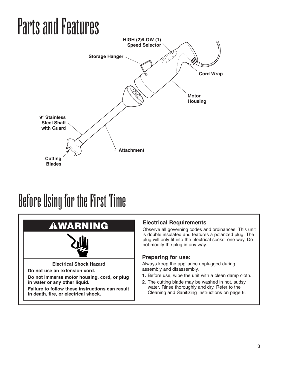 Parts and features, Before using for the first time, Wwarning | Hamilton Beach Immersion Mixer User Manual | Page 3 / 24