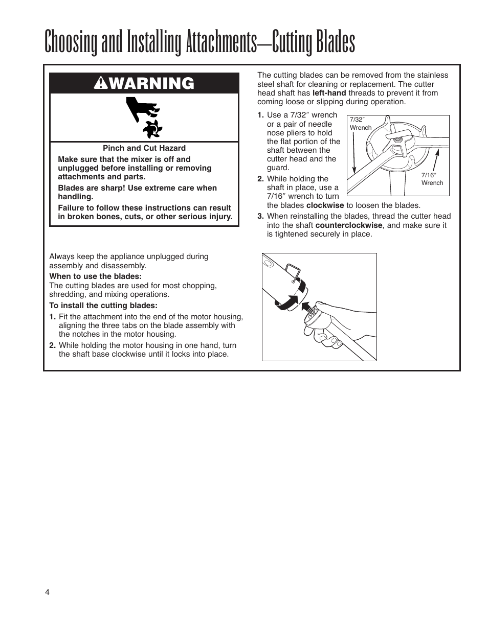 Choosing and installing attachments–cutting blades, Wwarning | Hamilton Beach Immersion Mixer User Manual | Page 4 / 24