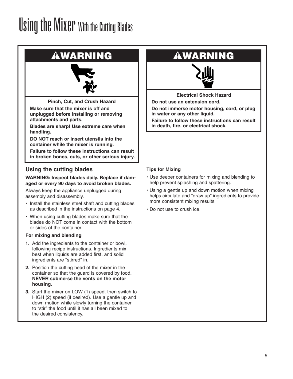 Using the mixer, With the cutting blades, Wwarning | Hamilton Beach Immersion Mixer User Manual | Page 5 / 24