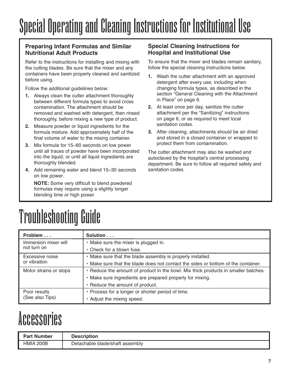 Troubleshooting guide, Accessories | Hamilton Beach Immersion Mixer User Manual | Page 7 / 24