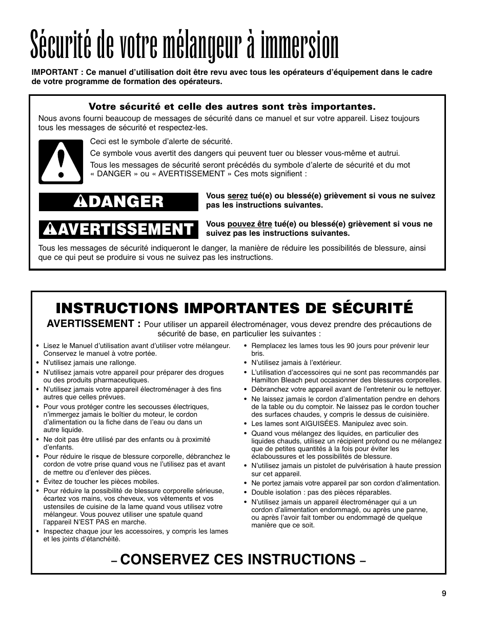 Sécurité de votre mélangeur à immersion, Wdanger w avertissement, Instructions importantes de sécurité | Conservez ces instructions | Hamilton Beach Immersion Mixer User Manual | Page 9 / 24