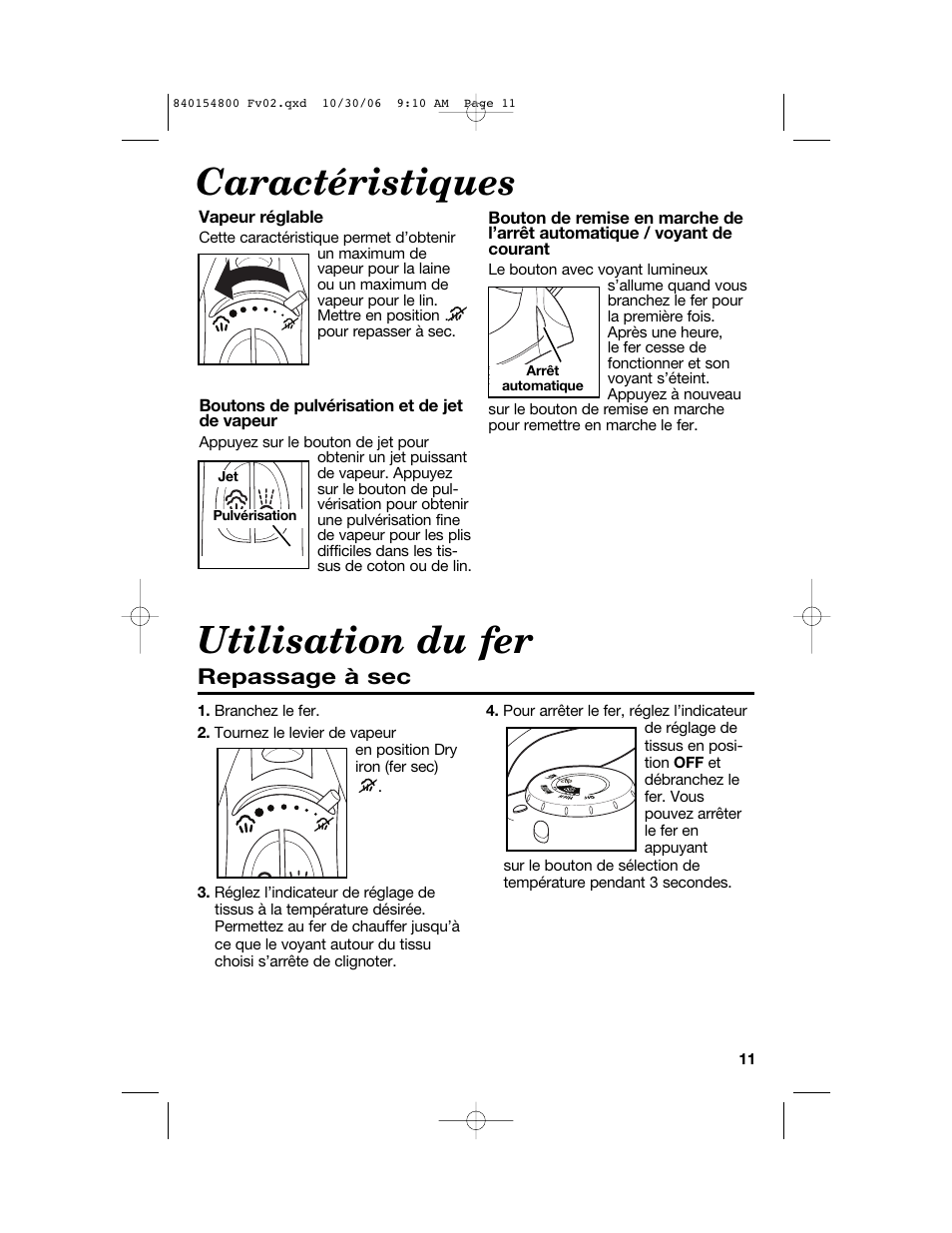 Utilisation du fer, Caractéristiques, Repassage à sec | Hamilton Beach 840154800 User Manual | Page 11 / 24