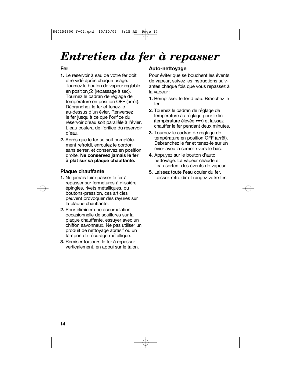 Entretien du fer à repasser | Hamilton Beach 840154800 User Manual | Page 14 / 24