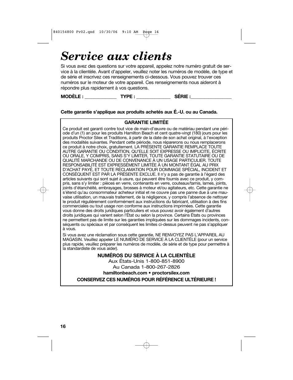 Service aux clients | Hamilton Beach 840154800 User Manual | Page 16 / 24