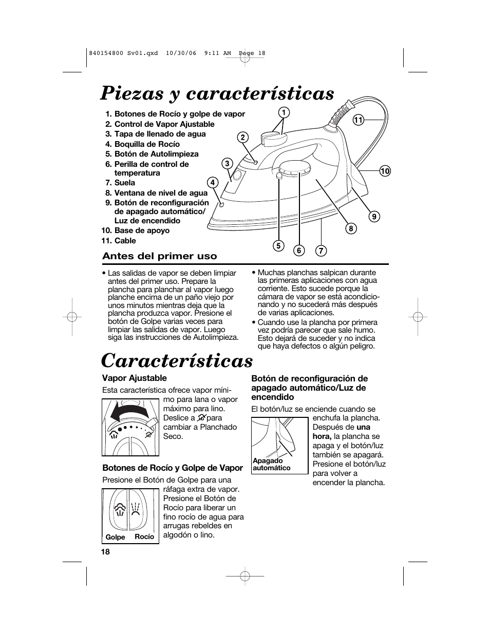 Piezas y características, Características | Hamilton Beach 840154800 User Manual | Page 18 / 24