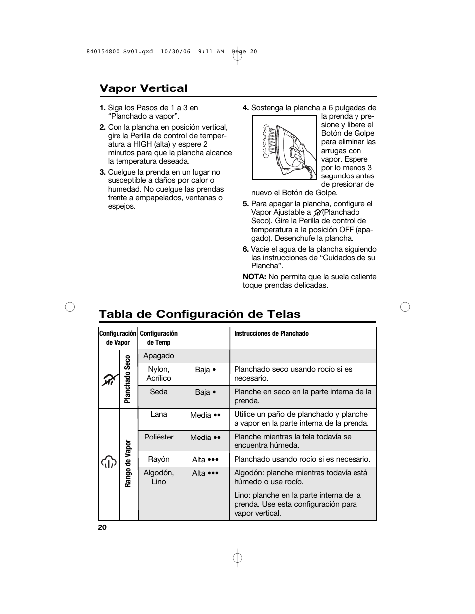 Vapor vertical, Tabla de configuración de telas | Hamilton Beach 840154800 User Manual | Page 20 / 24
