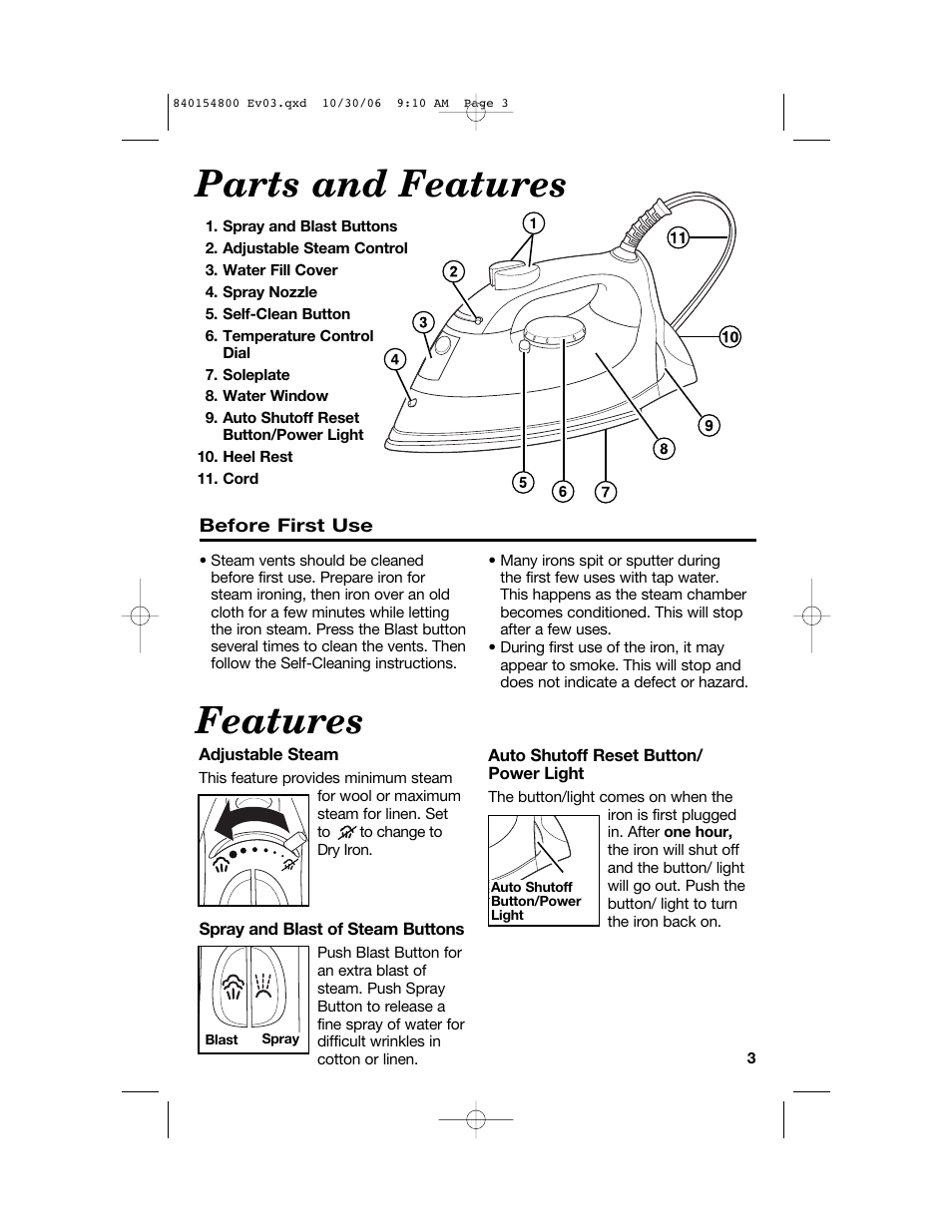 Parts and features, Features | Hamilton Beach 840154800 User Manual | Page 3 / 24