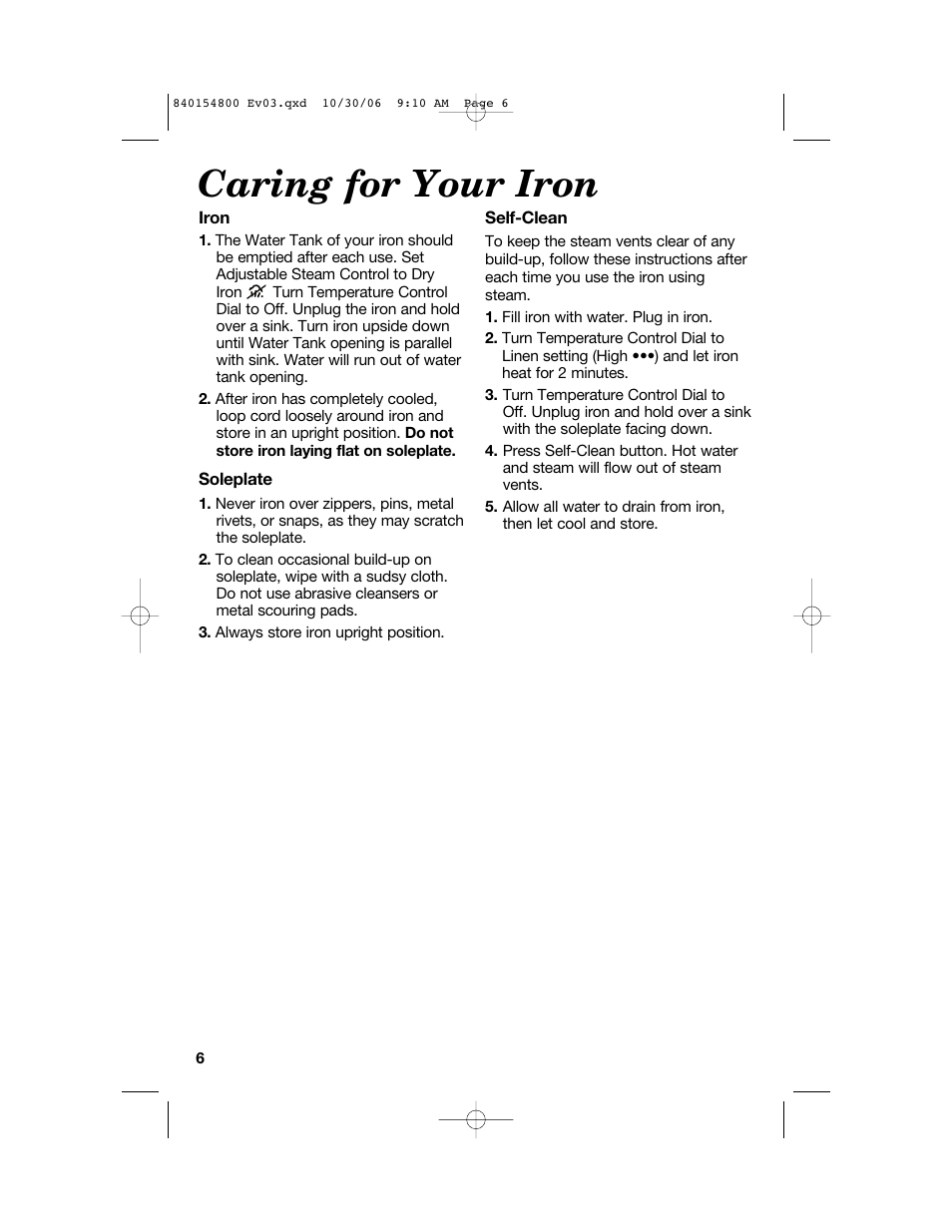 Caring for your iron | Hamilton Beach 840154800 User Manual | Page 6 / 24