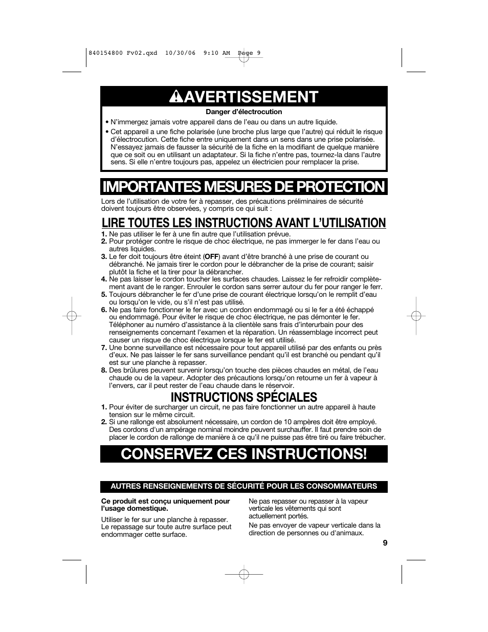 W avertissement, Conservez ces instructions, Importantes mesures de protection | Lire toutes les instructions avant l’utilisation, Instructions spéciales | Hamilton Beach 840154800 User Manual | Page 9 / 24