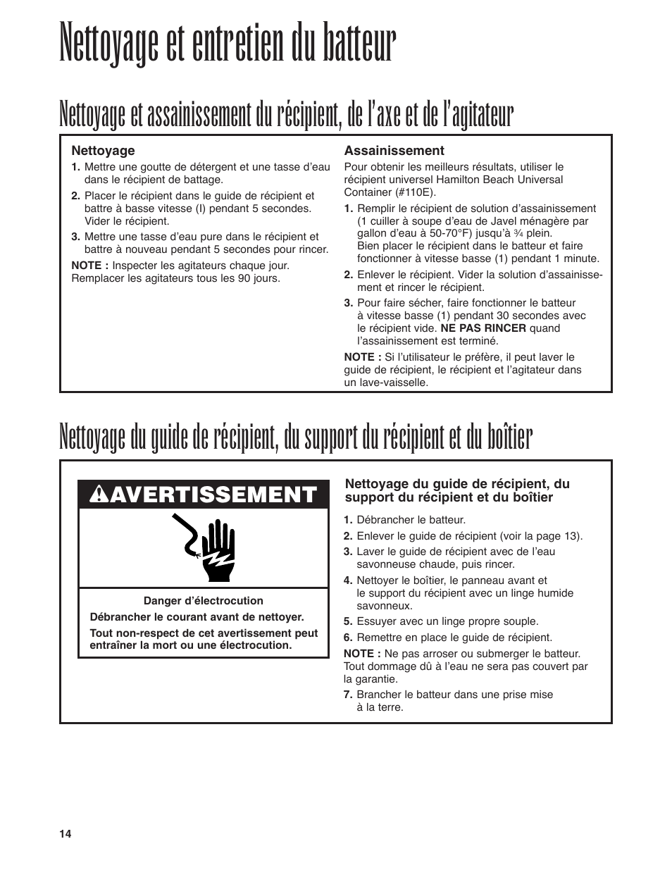 Nettoyage et entretien du batteur, Wavertissement | Hamilton Beach Drink Mixer User Manual | Page 14 / 24