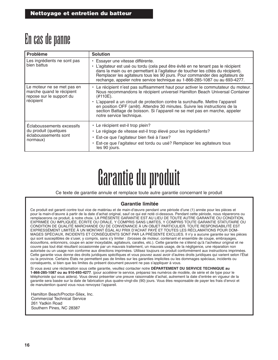 Garantie du produit, En cas de panne | Hamilton Beach Drink Mixer User Manual | Page 16 / 24