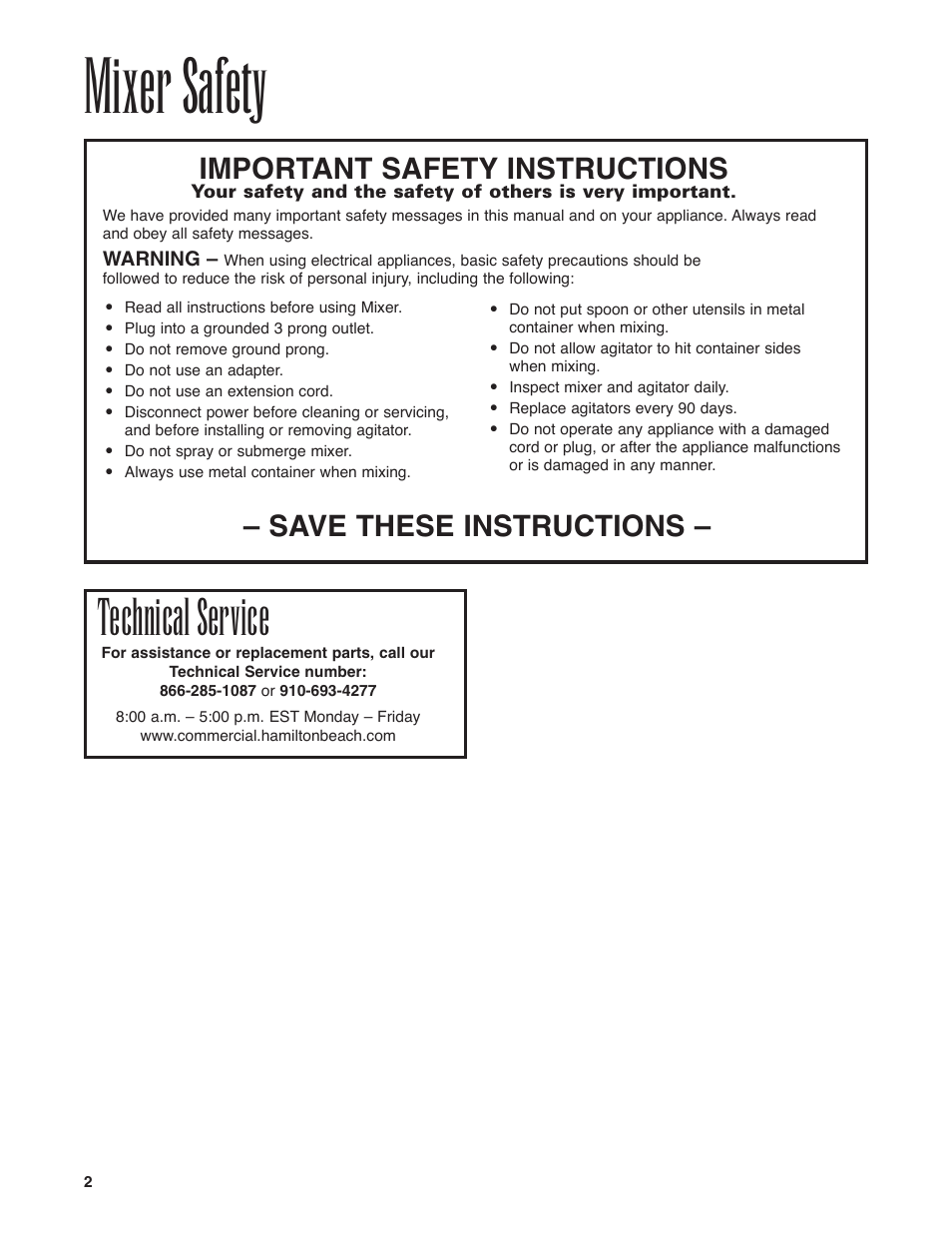 Mixer safety, Technical service, Important safety instructions | Save these instructions | Hamilton Beach Drink Mixer User Manual | Page 2 / 24