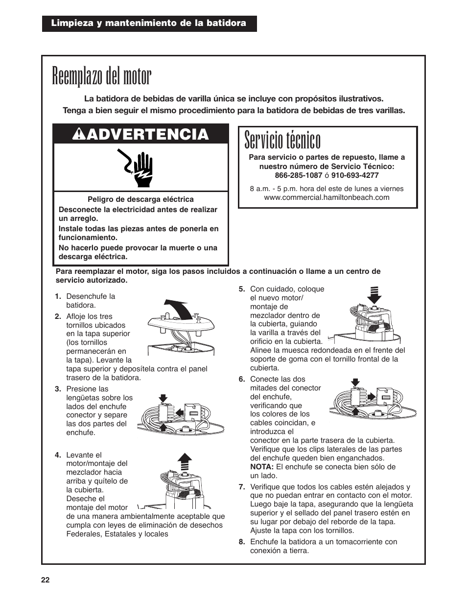 Reemplazo del motor, Servicio técnico, Wadvertencia | Hamilton Beach Drink Mixer User Manual | Page 22 / 24