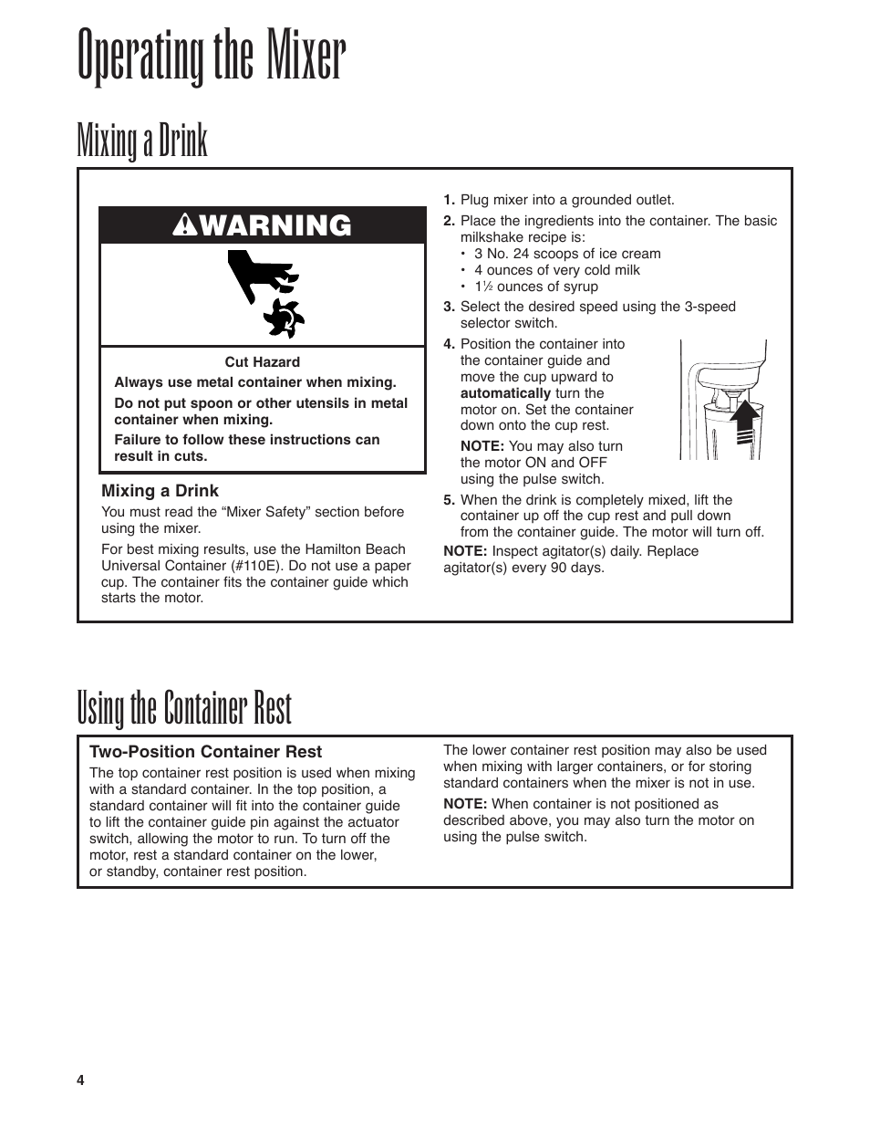 Operating the mixer, Mixing a drink, Using the container rest | Wwarning | Hamilton Beach Drink Mixer User Manual | Page 4 / 24