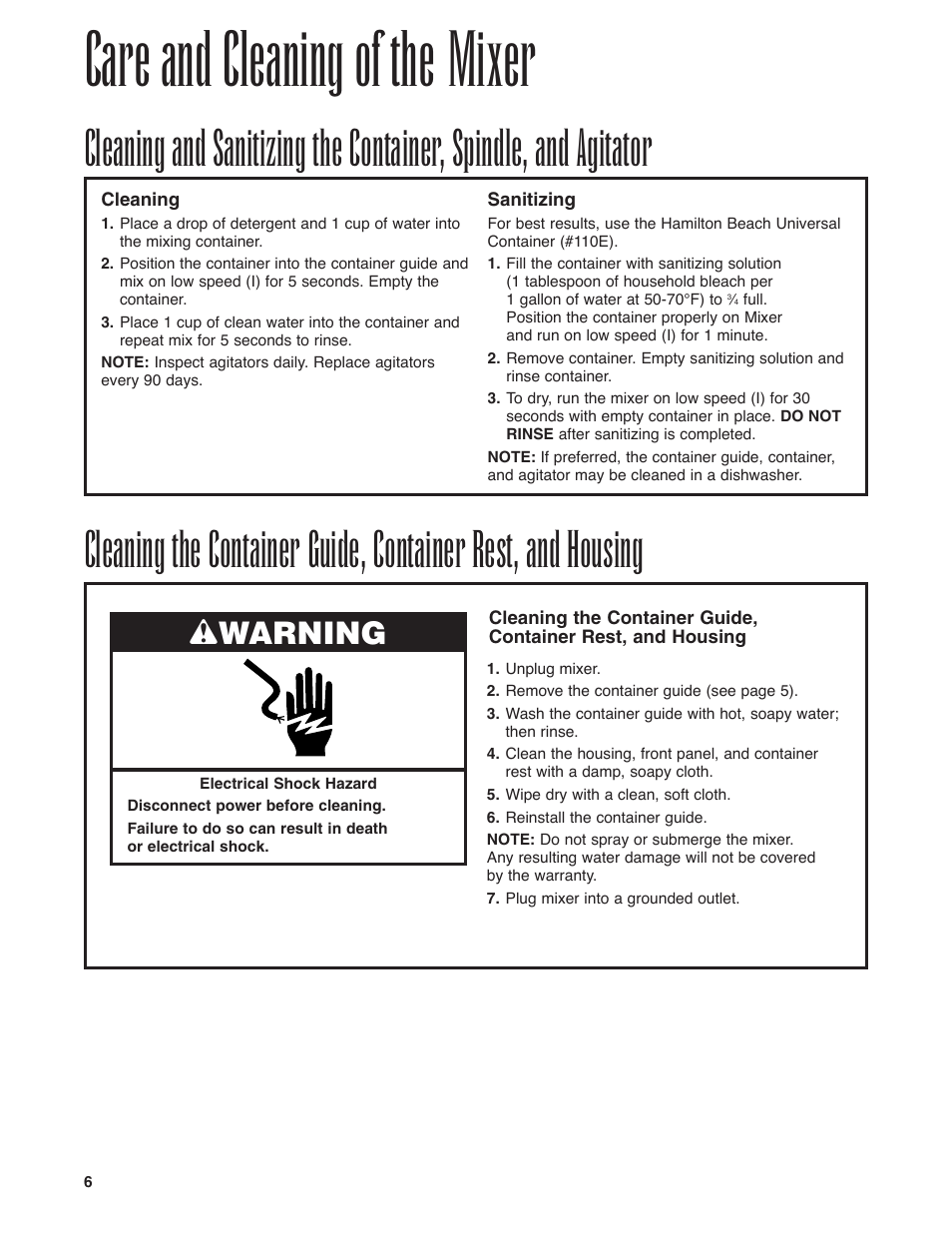 Care and cleaning of the mixer, Wwarning | Hamilton Beach Drink Mixer User Manual | Page 6 / 24