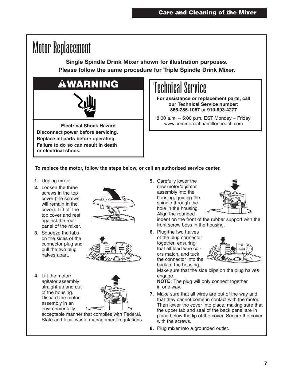 Motor replacement, Technical service, Wwarning | Hamilton Beach Drink Mixer User Manual | Page 7 / 24