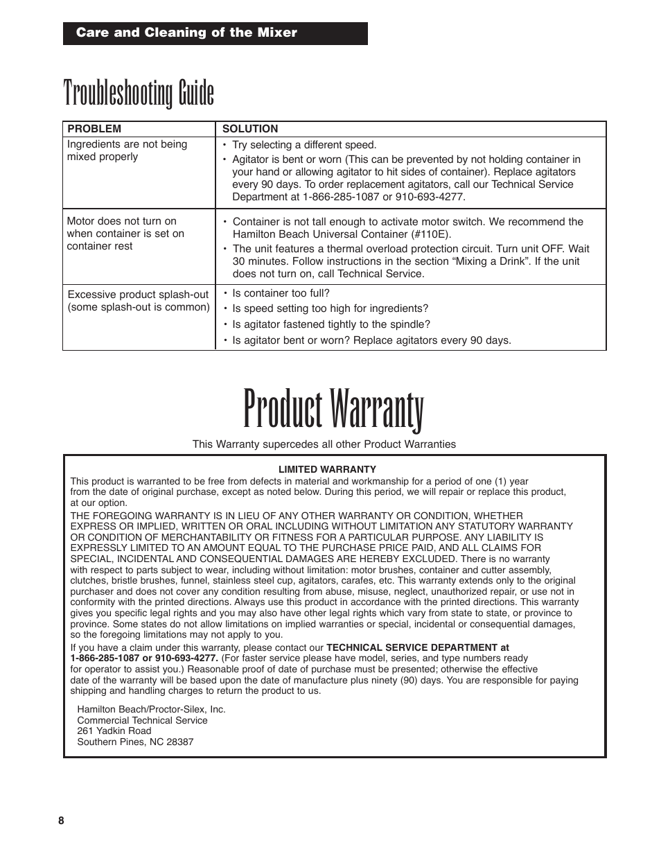 Product warranty, Troubleshooting guide | Hamilton Beach Drink Mixer User Manual | Page 8 / 24