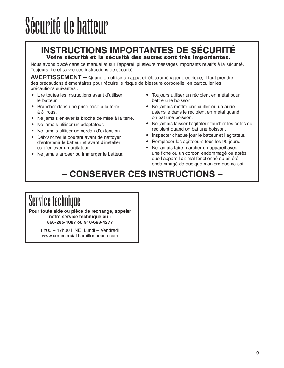 Sécurité de batteur, Service technique, Instructions importantes de sécurité | Conserver ces instructions | Hamilton Beach Drink Mixer User Manual | Page 9 / 24