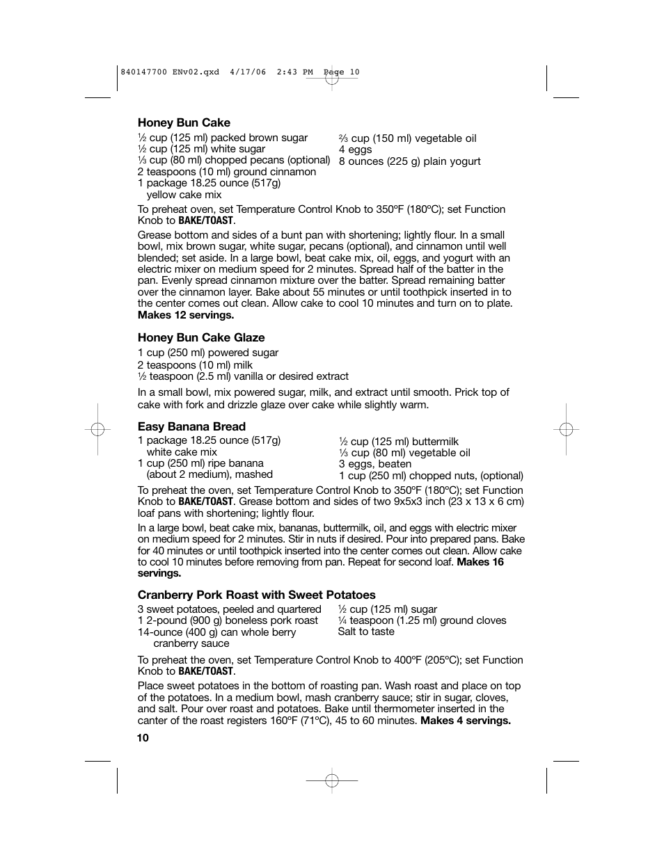 Honey bun cake, Honey bun cake glaze, Easy banana bread | Cranberry pork roast with sweet potatoes | Hamilton Beach 31180 User Manual | Page 10 / 36