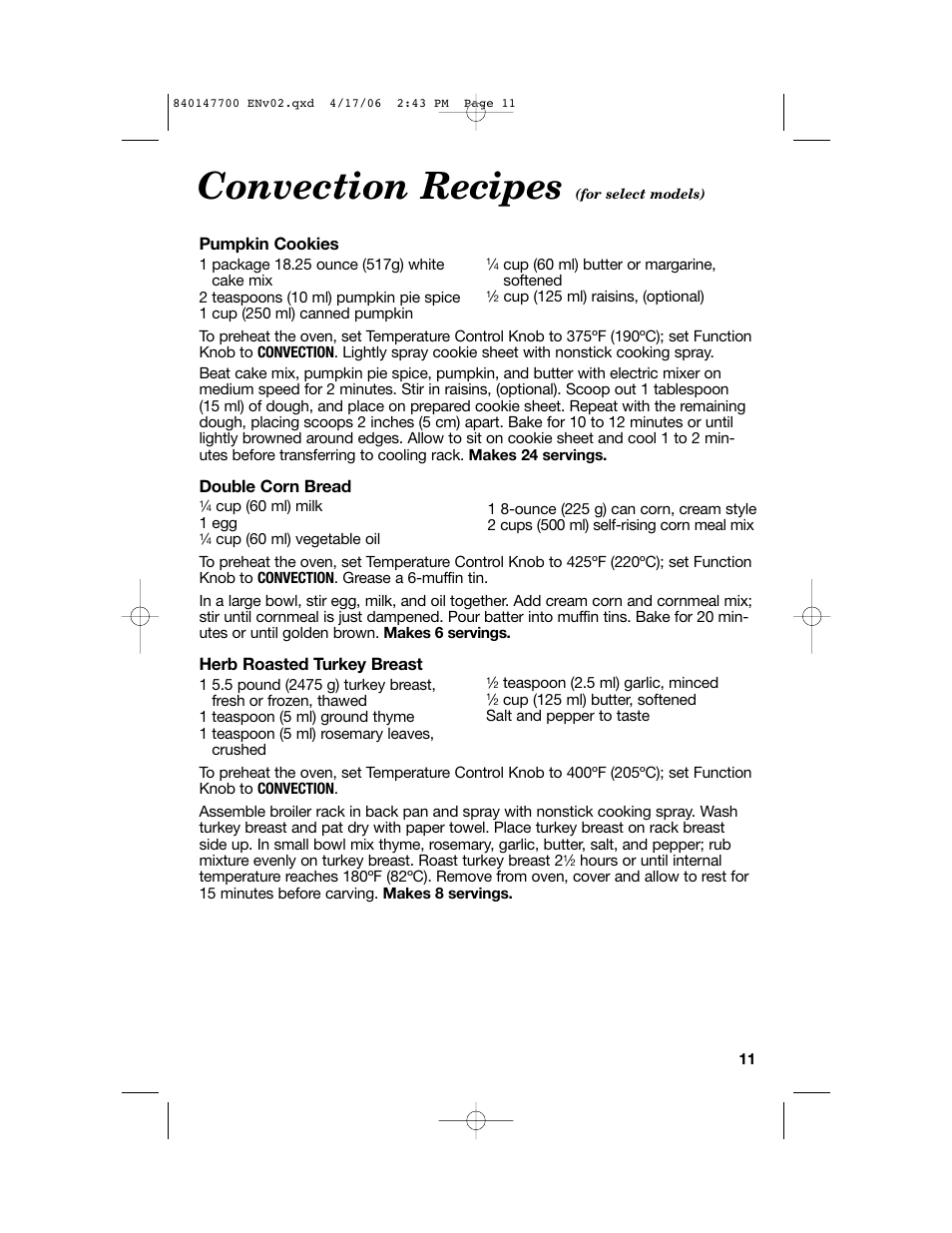 Convection recipes | Hamilton Beach 31180 User Manual | Page 11 / 36