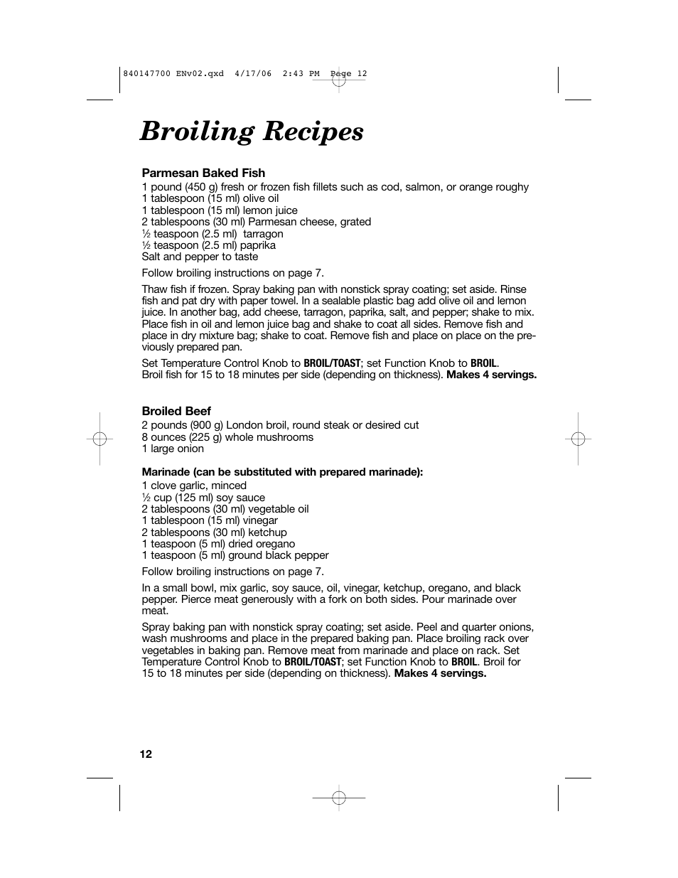 Broiling recipes | Hamilton Beach 31180 User Manual | Page 12 / 36