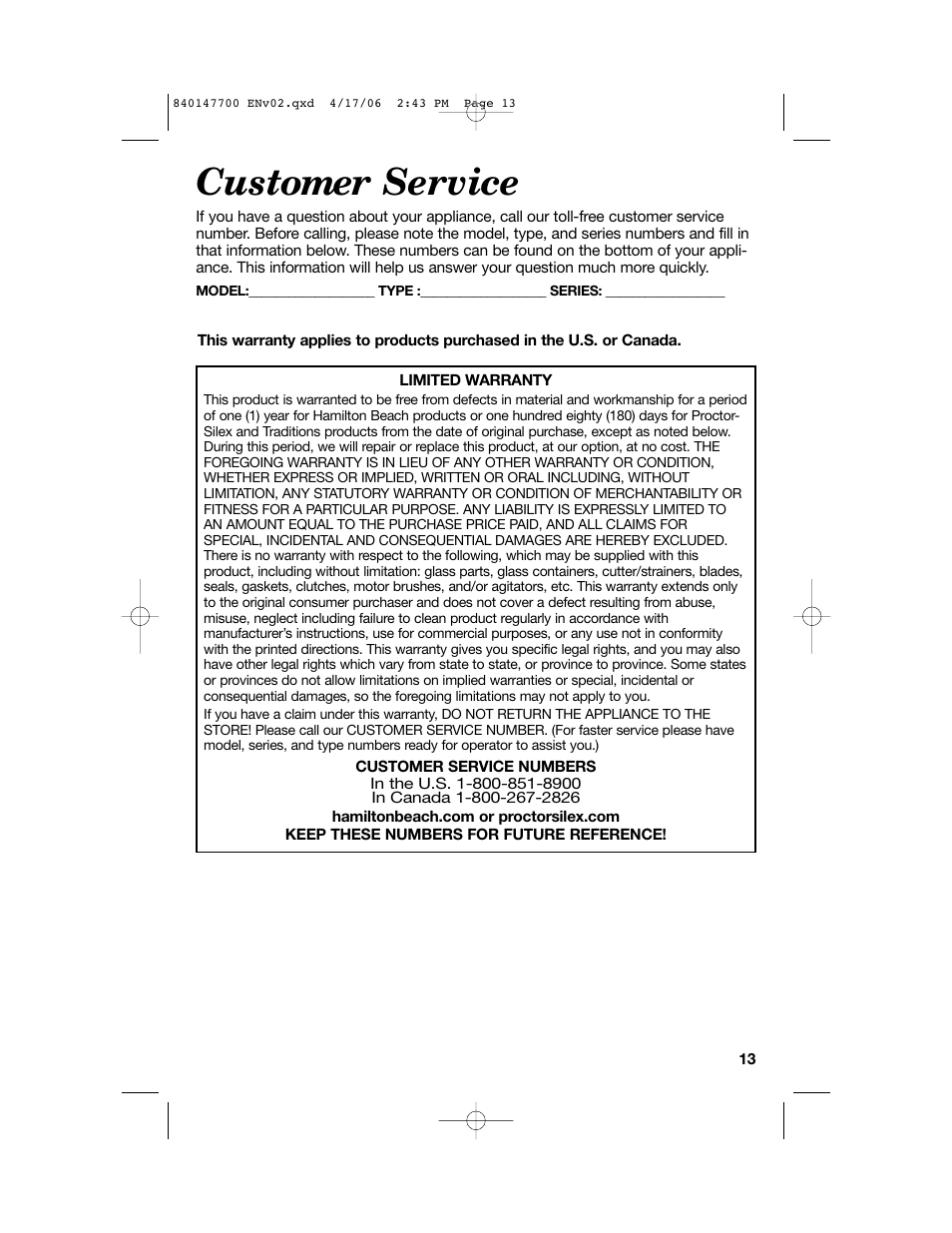 Customer service | Hamilton Beach 31180 User Manual | Page 13 / 36