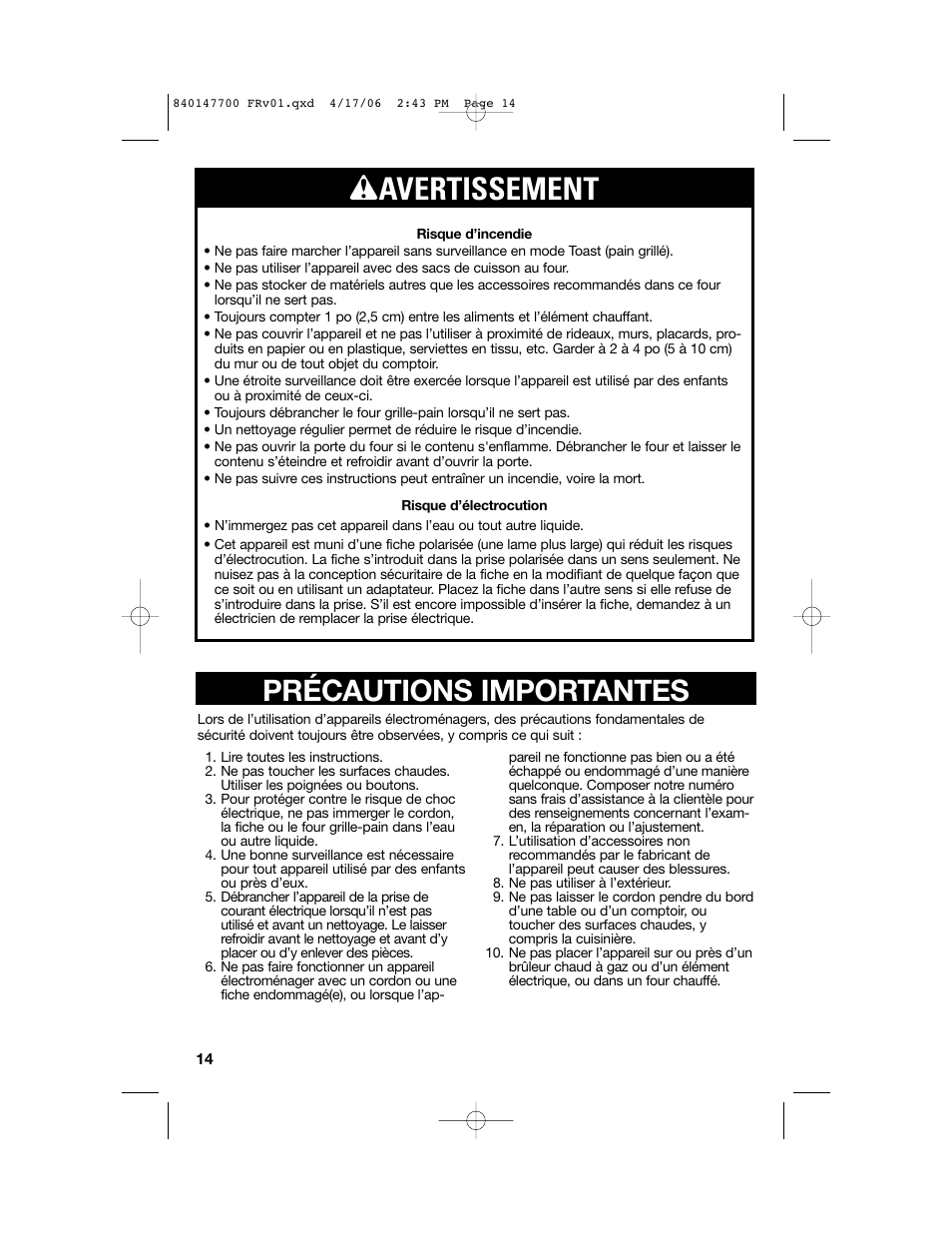 Wavertissement, Précautions importantes | Hamilton Beach 31180 User Manual | Page 14 / 36