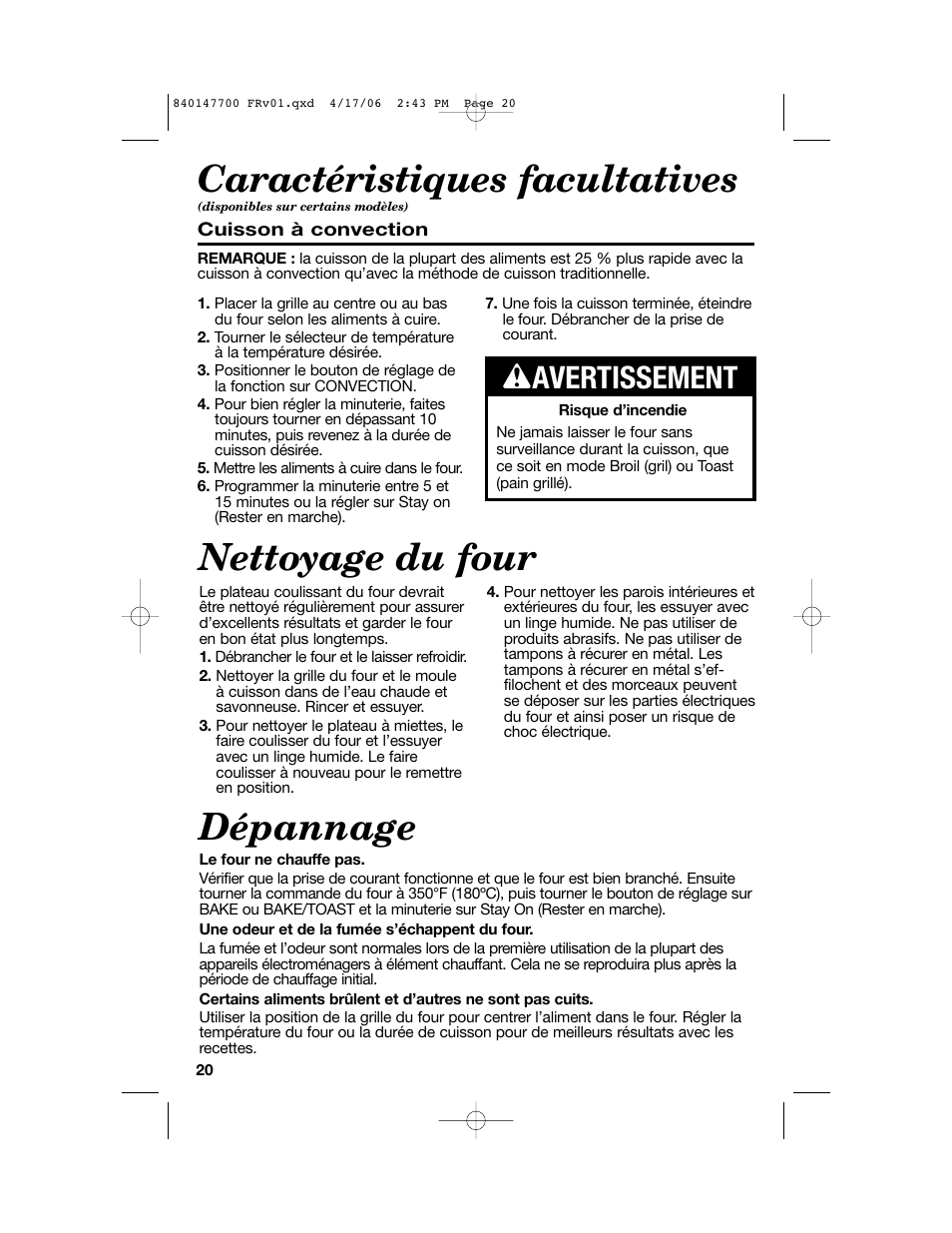 Nettoyage du four, Dépannage, Caractéristiques facultatives | W avertissement | Hamilton Beach 31180 User Manual | Page 20 / 36
